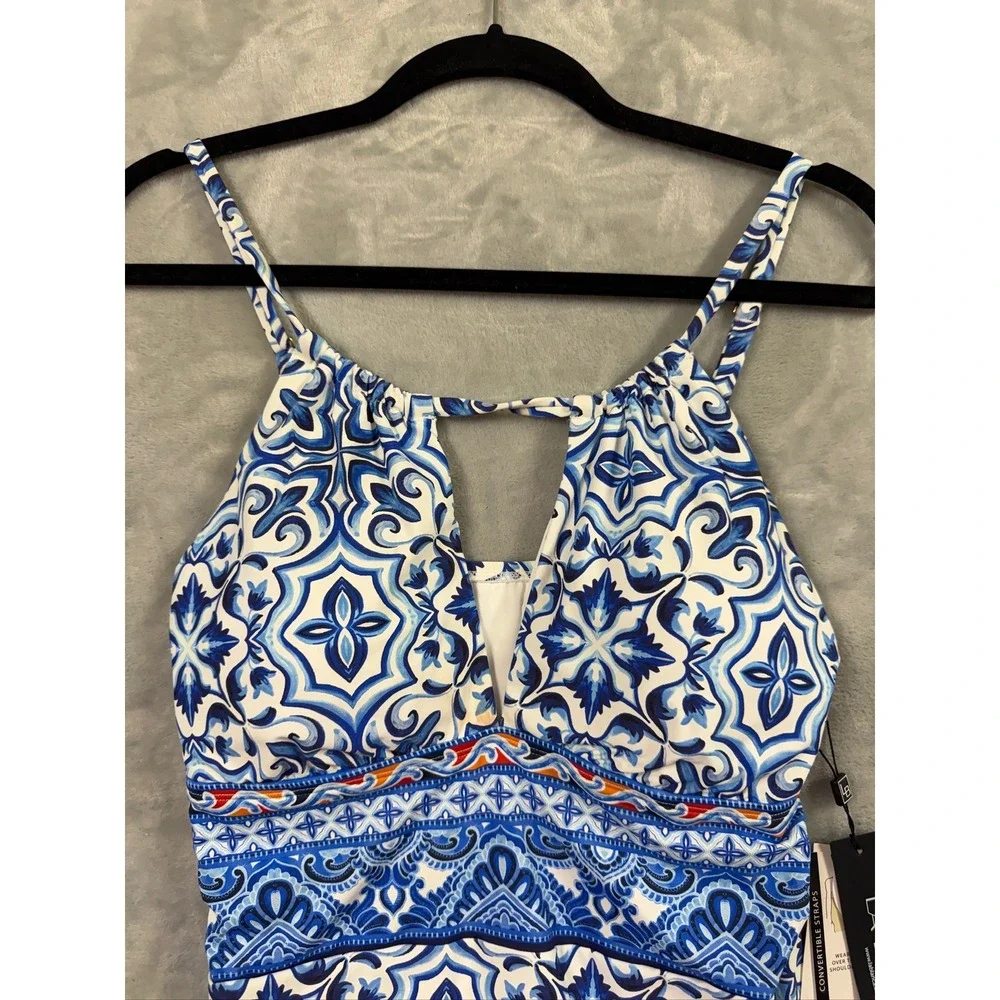 La Blanca Tankini Top Womens Blue White Tile Print Tummy Control 10 $111
